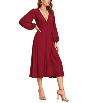 China Elegant Bishop Dress Sleeve Wrap Tie Dress 2020 Burgundy Women's Dress Belted V-Neck Anti-Static Anti-Static New for sale