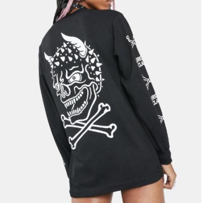 China Skull Graphic Black Breathable Hippie Crossbones Long Sleeve Casual Crew Neck Tee Tops Tee for sale