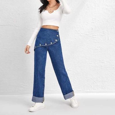 China Women Breathable Casual Front Wrap Front Medium Wash High Waist Button Shaping Straight Leg Jeans for sale