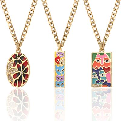 China Trendy Enamel Mosaic Color Fashion Pendant Bohemian Women's Stainless Steel Cuban Chain Necklace 18K Gold Plating Necklace for sale