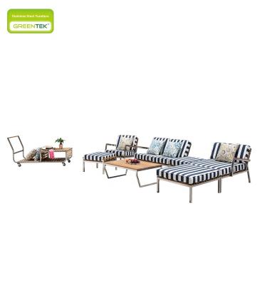 China Modern Luxury Design For Villas And Swimming Pool Courtyards 304# Outdoor Stainless Steel Teak Sofa Set Hotel Furniture for sale