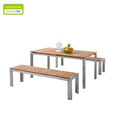 China Eco-freindly Leisure Single Bench Dining Table Set 304# Stainless Steel With Teak Wood Yard Outdoor Indoor Garden Furniture for sale