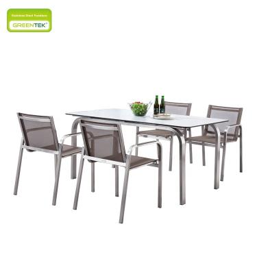 China Modern HPL Table Top Stainless Steel And Teslin Chair Dining Table Set Modern Design Outdoor Furniture for sale