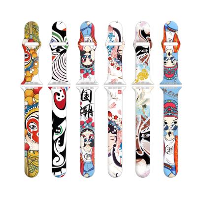 China Replacement Peking Opera Mask Series For Apple Series 7/6/5/4/3/2 Sport Silicone Printing Watch Band 38/40/41mm 42/44/45mm for sale