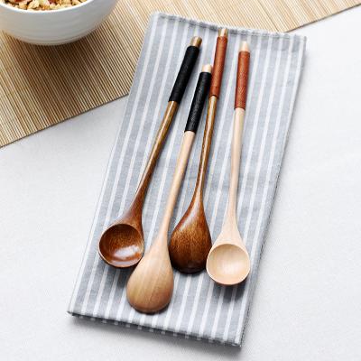 China Eco-friendly Long Handle Wooden Dessert Spoon Japanese Style Tea Spoon Honey Mixing Kitchen Wooden Tableware for sale