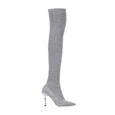 China 2020 high quality durable grey/black flyknits high heel stilettos over the knee thigh high women boots for sale