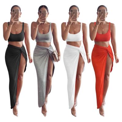 China QUICK DRY Women Two Piece Solid Short Crop Set Twist Top Side Split Long Skirts Matching Sets Sexy Part Club Use 2 Piece Outfits for sale