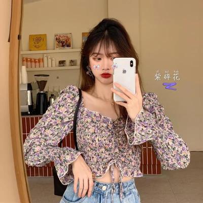 China 2021 Spring Vintage Floral Print Square Neck Ruffle Anti-pilling Long Sleeve Puff Crop Tops Women Chiffon Blouse Tops for sale