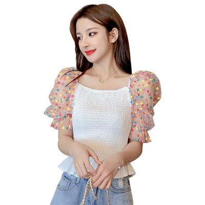 China 2021 Summer Anti-pilling Bubble Sleeve Polka Dot Thin Square Collar Women's Chiffon Tops for sale