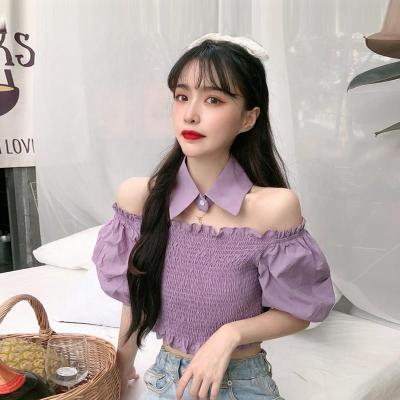 China 2021 summer new Korean version one shoulder short purple anti-pilling bubble sleeve top blouse for sale