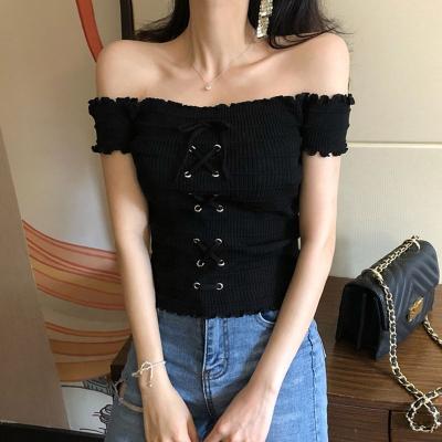 China Korean Anti-wrinkle Summer New Sexy Retro Women Off The Shoulder Short Sleeve Knitted Top for sale