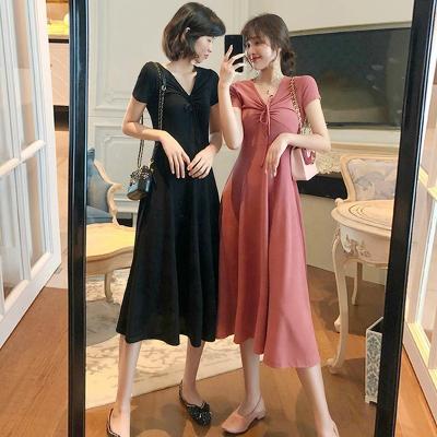 China Anti-wrinkle 2021 summer new Korean thin V-neck drawstring lace up dress soft solid T-shirt dress for sale