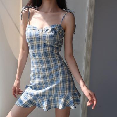 China 2021 Blue French Anti-wrinkle Plaid Fishtail Dess Dress New Retro High Waist Pleated Dress for sale