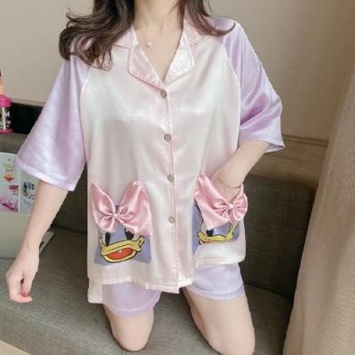 China Summer Sweet Lovely Two Piece Short Silk Pajamas QUICK DRY Korean Ice Cream Cartoon Version Women's Silk Pajamas Women's Short Sleeve Sets for sale