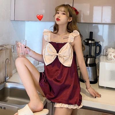 China 2021 summer new beautiful spring QUICK-DRY soft satin bow silk two-piece pajamas for sale