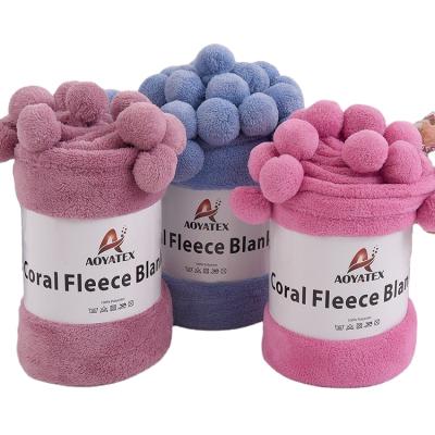 China China factory new design super soft coral anti-pilling fleece blanket with pompom for sale