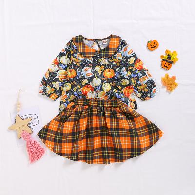 China 2021 Autumn And Winter Girls Dress Set Halloween Pumpkin Lapel Plaid Princess Tops+Plaid Casual Girls Dress Set for sale