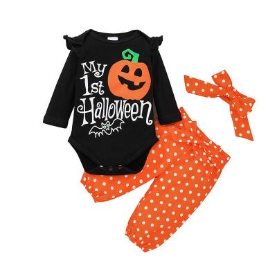 China 2021 New Breathable Halloween Girls Pumpkin Printed Infant Girls Dress 3pcs Set Romper+Dot Pants Romper+Hair Band Babies for sale