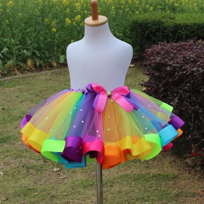 China Plus Size Kids Rainbow Sequin Gauze Skirt Girls Birthday Dance Performance Tutu Skirt for sale