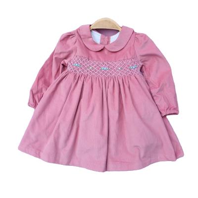 China Sustainable Embroidery 2T - 7T Pink Easter Corduroy Cotton Babies Dresses 3years Smocked for sale