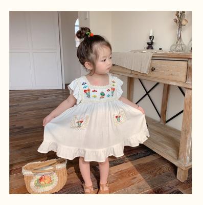 China New Mori Breathable Soft Flower Embroidered Baby Fly Sleeve Dress Baby Cotton Dress for sale