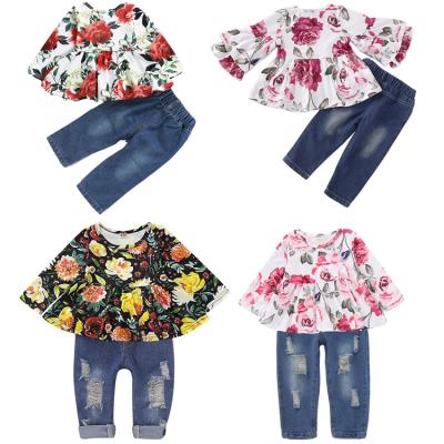 China 2pcs floral CASUAL full hole jeans pants throws boutique baby toddler girls fall outfit for sale