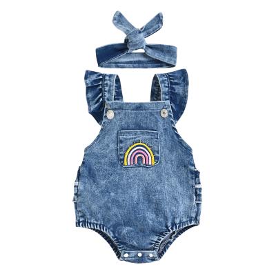 China Spandex Rainbow Bowknot Bamboo Shortall Ruffles Babies' Denim Overalls Ties Cotton Jeans Romper Set Infant Baby Clothes for sale