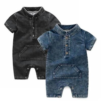 China 100% cotton boutique denim pocket cute cotton baby denim romper lattice cool comfortable infant clothes for sale