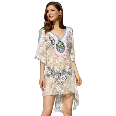 China Anti-UV White Lace Crochet Wear Hollow Out Summer Beach Dress Women Beach Wear Cover Up for sale