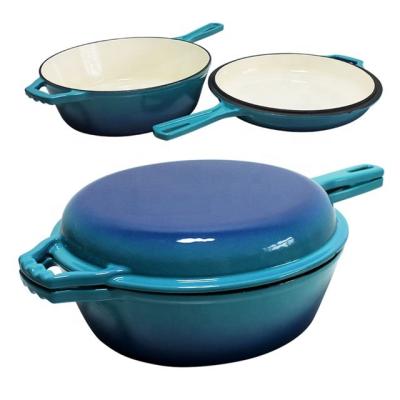 China Sustainable Premium Double Enamels Use 2 In 1 Cast Oven Skillet Dutch Lid With Long Handle for sale