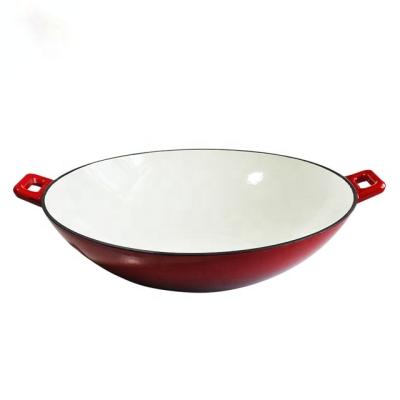 China Sustainable High Quality Double Handle Enamel Cast Iron Wok Large Traditional Chinese Wok for sale