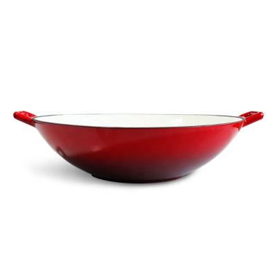 China 30cm Durable Enamel Cast Iron Chinese Wok OEM Braise Wok With Double Handle for sale