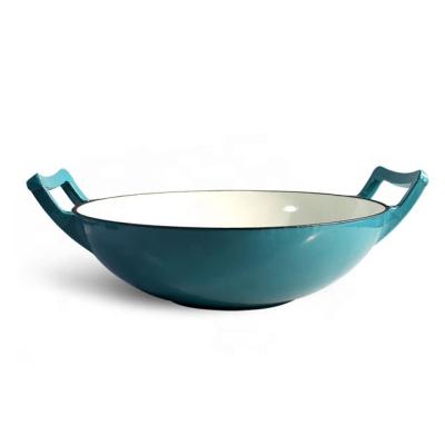 China OEM Sustainable Japanese Professional Iron Wok Double Handle Enameled Cast Iron Wok for sale