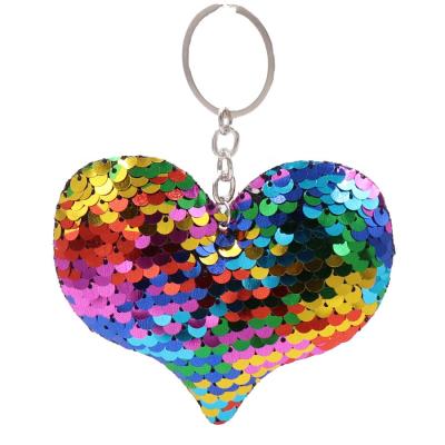 China Shu Amazon Hot Sale Double Fan Rainbow Love Heart Shape Colorful Sequins Soft Hand Feeling Twinkle Key Chain for sale