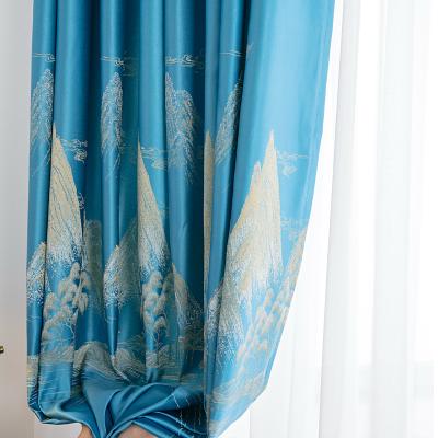 China Hot Selling Blackout Ready Wholesale Blackout Jacquard Landscape Curtain Thermal Insulated Blue Fabric For Bedroom for sale