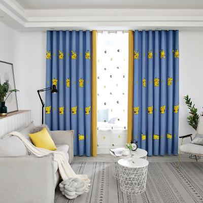 China Best Selling Ready Made Blackout Supplier Blackout Embroidery Pikachu Window Curtain Insulated Linen Fabric For Living Room for sale