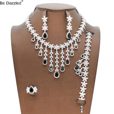 China FASHIONABLE 4PCS Tassels Luxury African Jewelry Sets For Women Wedding Bridal Dubai Black Gold Engagement CZ Zirconia Crystal Jewelry Sets for sale