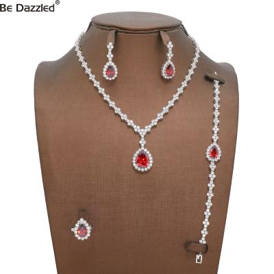 China TRENDY Wedding Jewelry Sets For Women Elegant New Trendy New Design With High Quality 3A CZ Zircon Ruby Stone Rhodium Plated 4pcs Set for sale