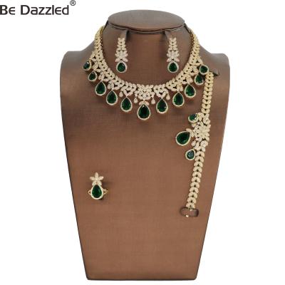 China FASHION Jewelry Set Luxury High Quality Gorgeous 24k Gold Women Vintage Green Stone Earring Necklace Bracelet Ring Set Wedding Party for sale