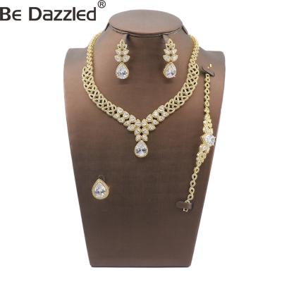 China Wholesale FASHIONABLE Stunned Jewelry Cubic Zirconia Copper Large Gold Plated Long Necklace 4 Pieces Wedding African Bridal Sets Jewelry Set for sale