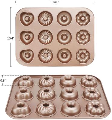 China WIDENY Viable Customize Kitchen Nonstick Carbon Steel Gold Color Cake Donut Molds For 12 Donuts Cupcake Making Tools for sale