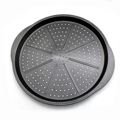 China Sustainable Home Kitchen Baking Tools Perforated Carbon Steel Round Rotisserie Pizza Pan With Non-Stick Pizza Cutter for sale