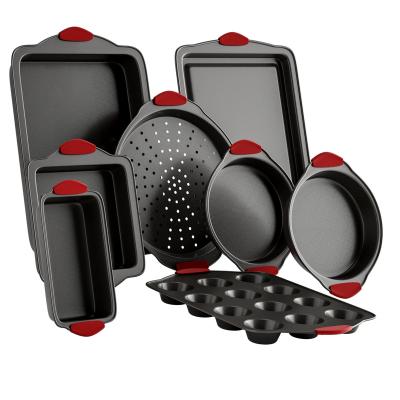 China Customized Sustainable 8 Piece Carbon Steel Non-Stick Cake Bakeware Set For Home, Kitchen Bread Cookie Bakeware Set With Silicone Handles for sale