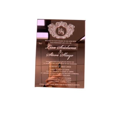 China Environmental Friendly Rose Gold Acrylic Wedding Invitation Card Laser Cut White English Text Invitation Printing Templates for sale