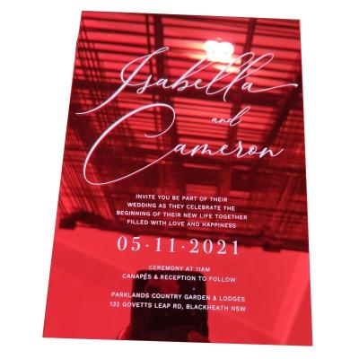 China Rose Gold Acrylic Wedding Invitation Environmental Friendly Red And Gold Mirror Plastic Card Customized for sale