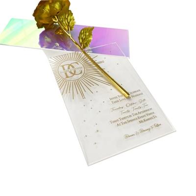 China Luxury Stamping Environmental Friendly Acrylic Invitation Clear Gold Wedding Invitation Card for sale