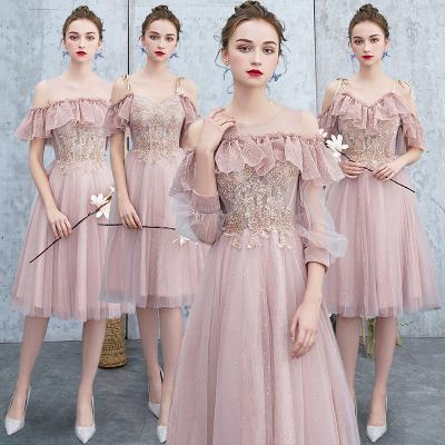 China New Mesh Bridesmaid Dress Women Party Chiffon Gray Pink Sequins Ruffle Embroidered Wedding PRETTY STEPS Breathable for sale