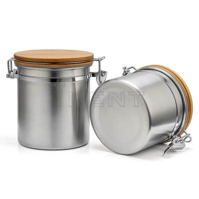 China Kitchen Bamboo Air Freshness Preservation Lid Coffee Canister Date Stainless Steel Coffee Bean Sugar Bamboo Canister Jar Airtight Container for sale