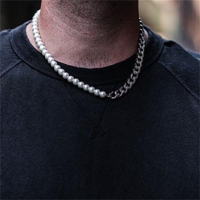 China Newest Trendy Trendy Pearl Beaded Necklace Mens Asymmetry Stainless Steel Chain Necklace Men's Pearl Necklace for sale