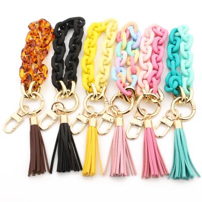 China Hot Selling Cute Summer Fashion Acrylic Bracelet PU Tassel Key Chain Leather Colorful Acrylic Key Chain for sale